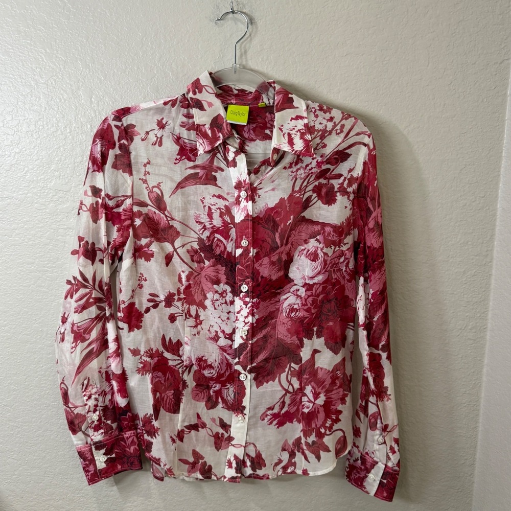 Craig Taylor Mia Floral Cotton Silk Blend Shirt Red White Small Cottagecore Top